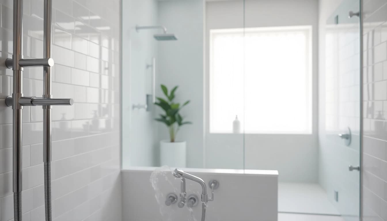 Experience elegant showers in a modern bathroom featuring sleek fixtures and a calming atmosphere.