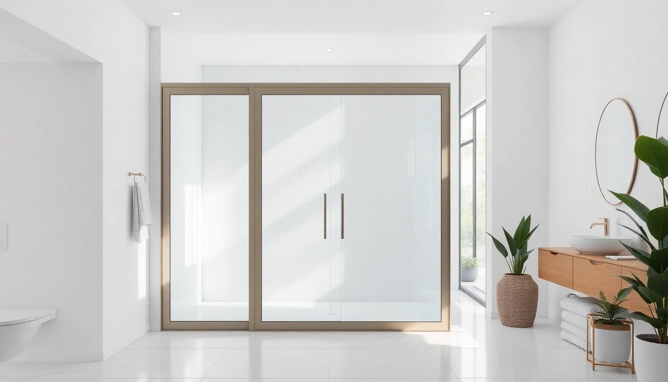 Show shower sliding doors reflecting natural light in a modern bathroom setting with elegant finishes.