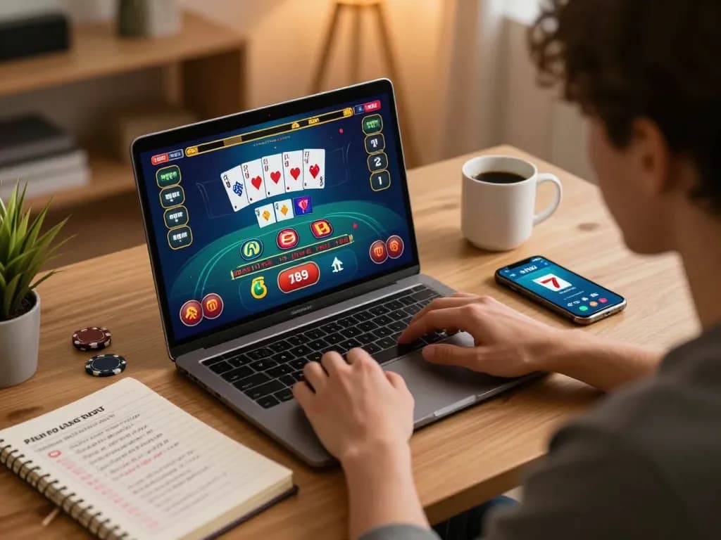Engaging player using the 789club app during an online blackjack session at home, showcasing strategic gameplay.