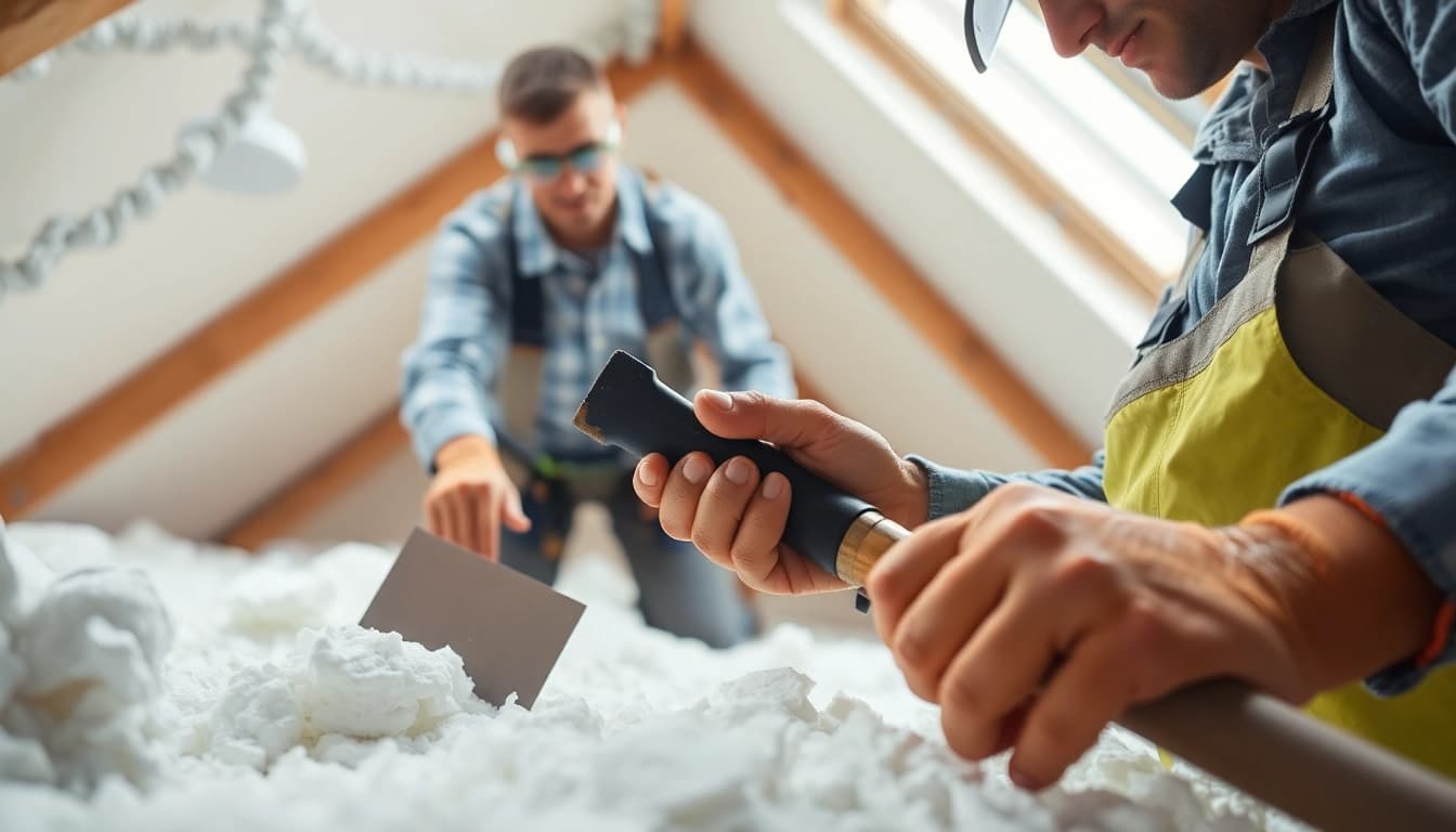 Spray foam removal for mortgage shown by a contractor removing foam in a bright attic.