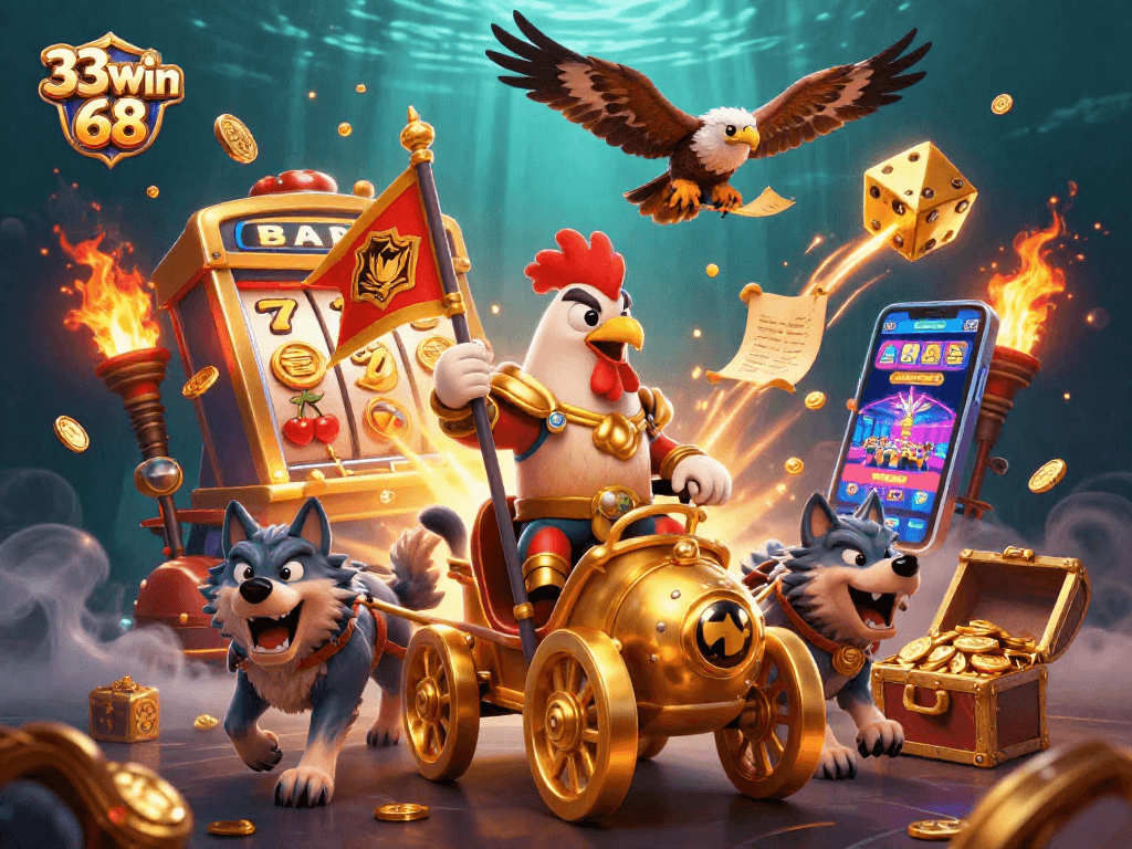 Experience the excitement of 33win 68 with a dynamic scene of a rooster warlord and treasure-filled slots.