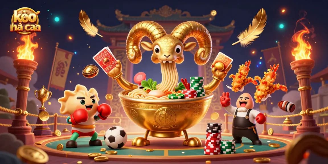 Kèo nhà cái, a vibrant gambling scene with a golden ramen bowl dealer, sushi and gyoza characters in a dynamic sports betting atmosphere.