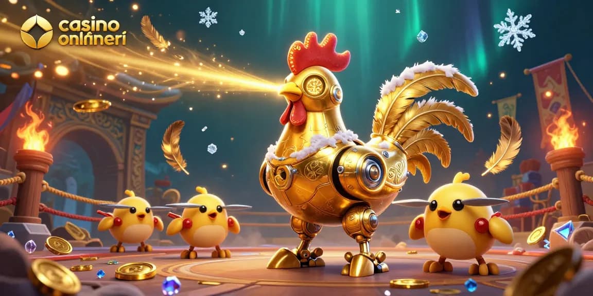 Scopri i migliori casino online stranieri con un robot dorato e droni in un ambiente di festa.