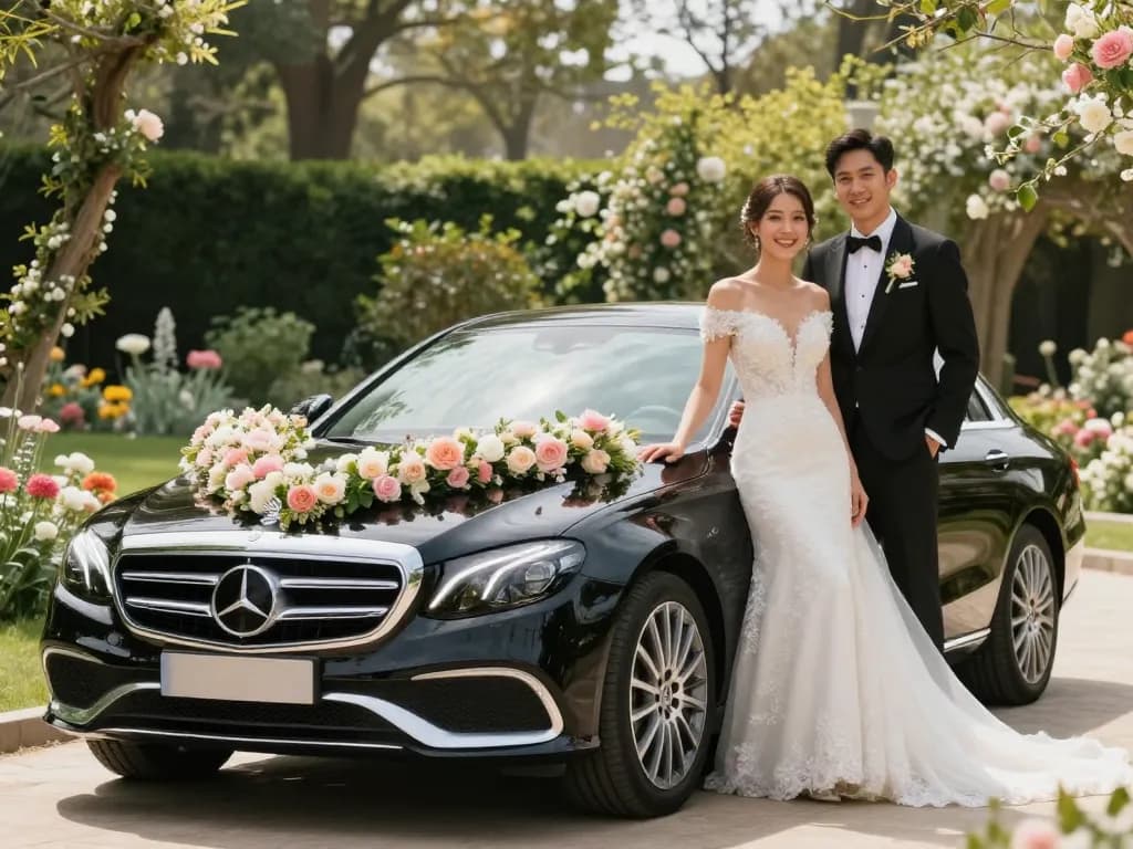 Thuê một chiếc Mercedes sang trọng cho đám cưới của bạn, với chiếc xe được trang trí đẹp mắt và một cặp đôi vui vẻ.