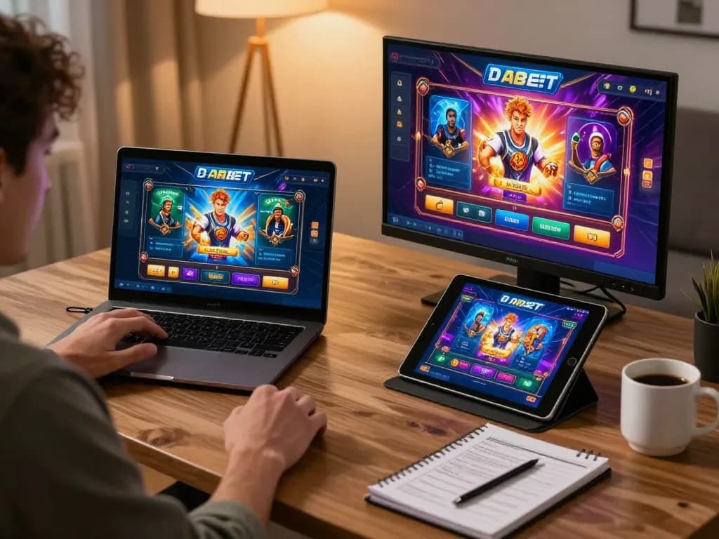 DABET online gaming at home, showcasing a player engaged with laptop and tablet