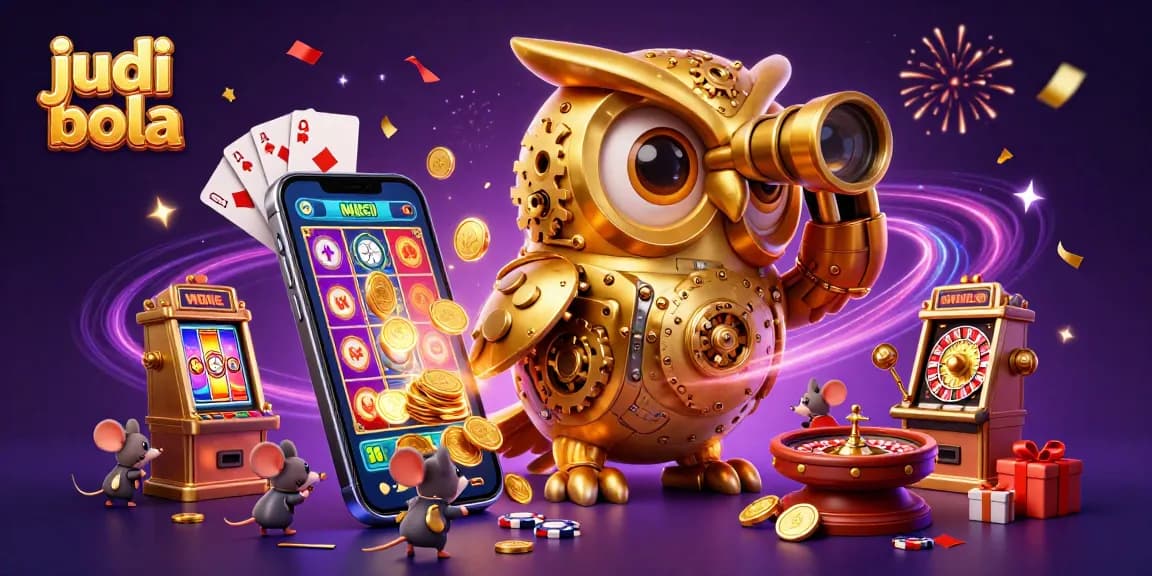 Engage in judi bola excitement with a clockwork owl and vibrant casino atmosphere.