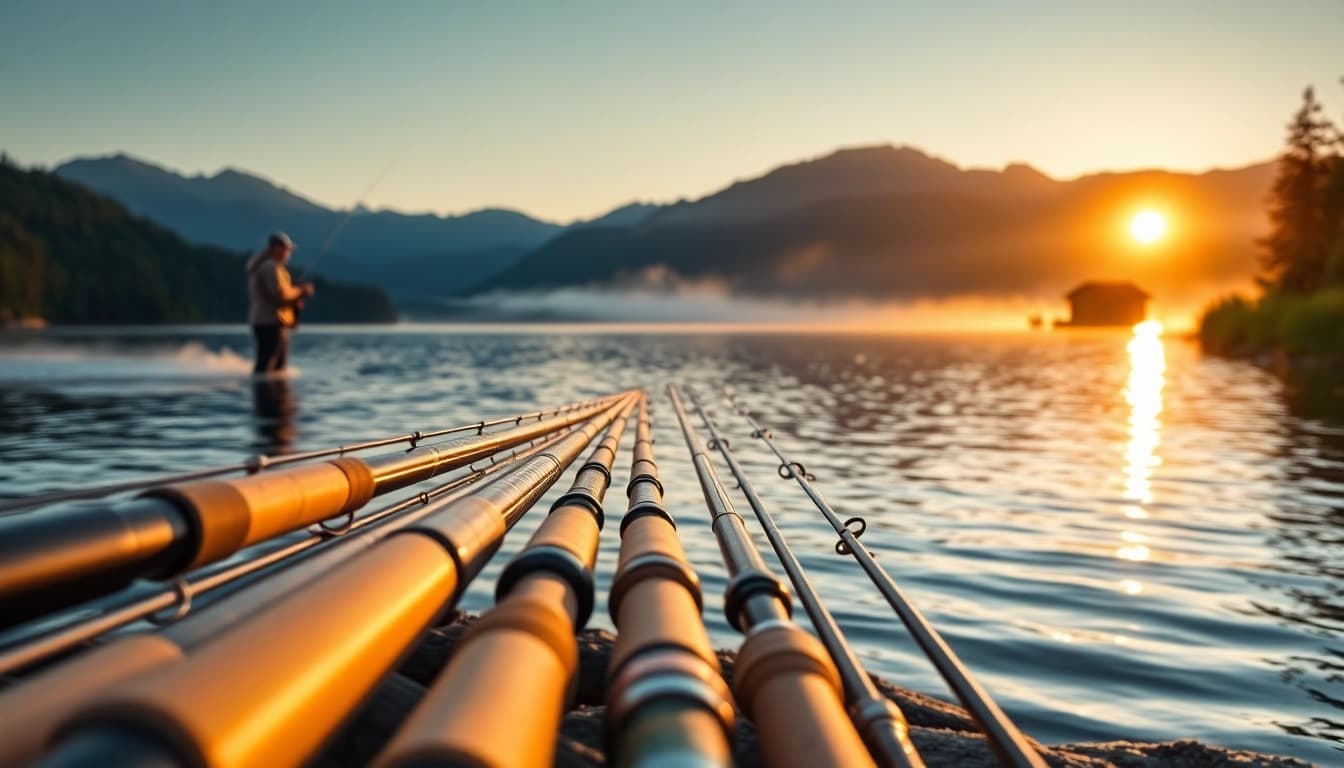Showcase of the best fly fishing rods arranged beside a serene mountain lake at sunrise.