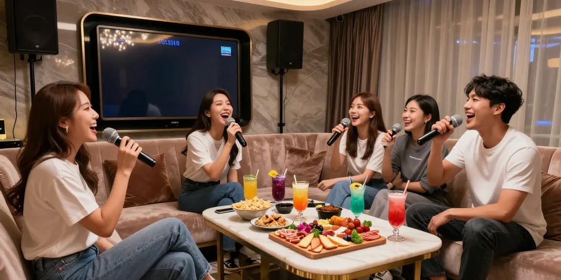 강남가라오케에서 친구들이 노래하며 즐거운 시간을 보내는 고급 카라오케 룸