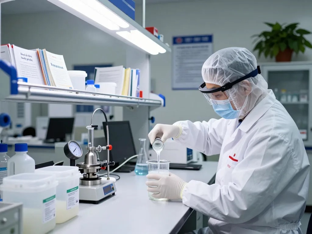 Technician using Hóa chất bóc lớp ép plastic in a clean laboratory with precise equipment and safety gear.