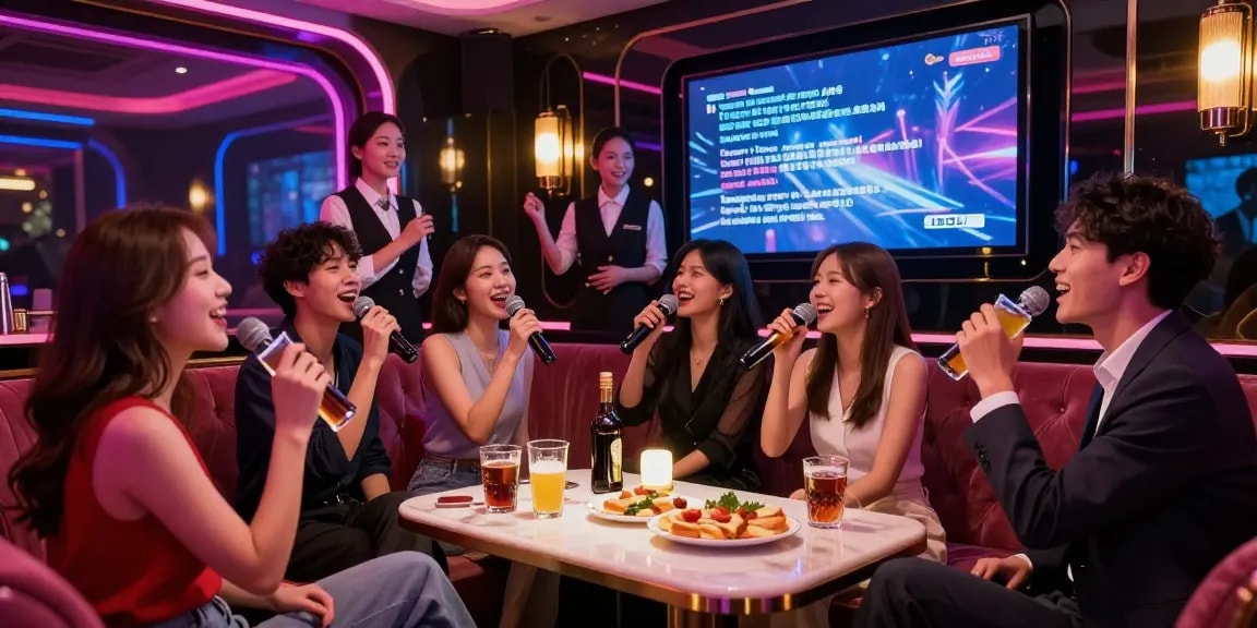 강남가라오케에서 고급스러운 분위기 속에 즐거운 시간을 보내는 손님들 모습