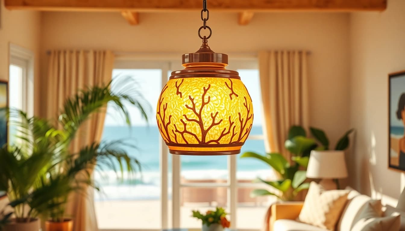 Highlighting a stunning island light pendant lamp in a beach-side setting, showcasing its unique design.