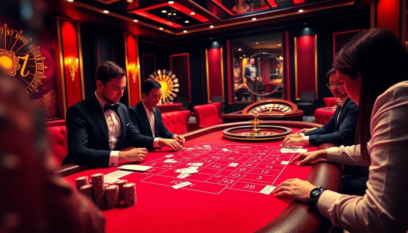 Baccarat players strategizing their next move at casino mm88 with a luxurious gaming ambiance.
