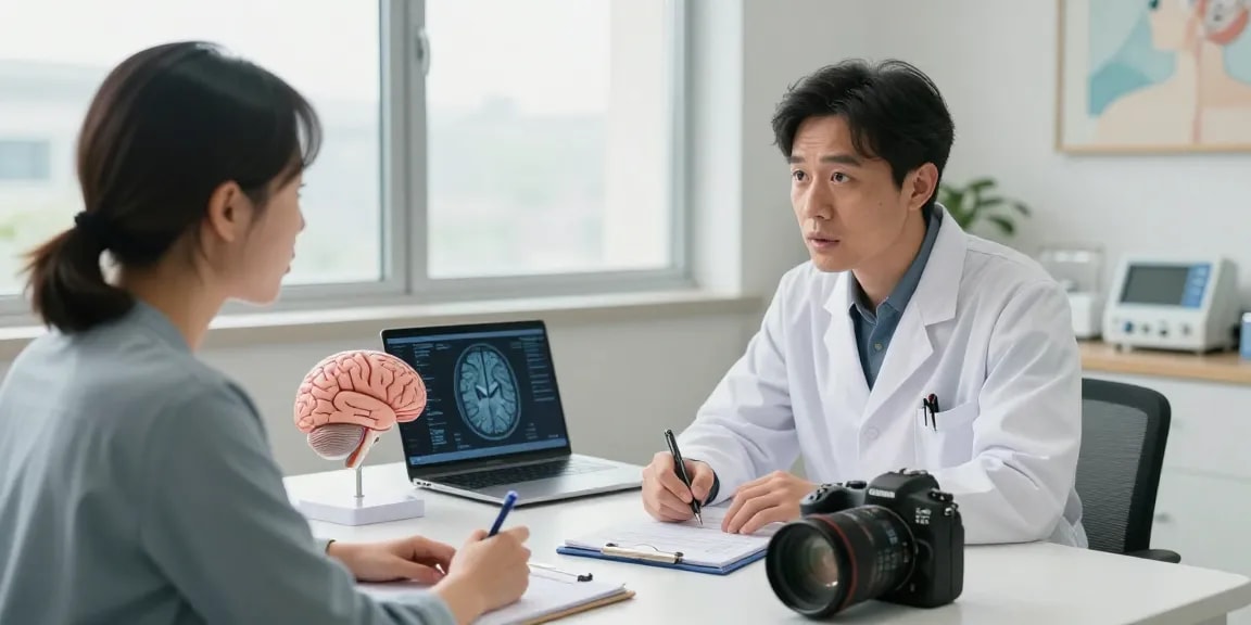 Beyin ameliyatı consultation with a neurosurgeon, patient examining brain surgery details in a professional medical setting.