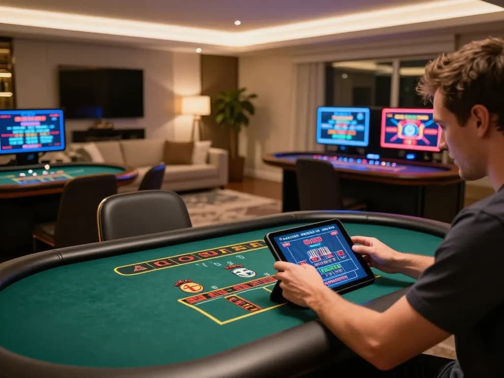 Excited gambler enjoying online gameplay with winstrike69 app on tablet in modern home