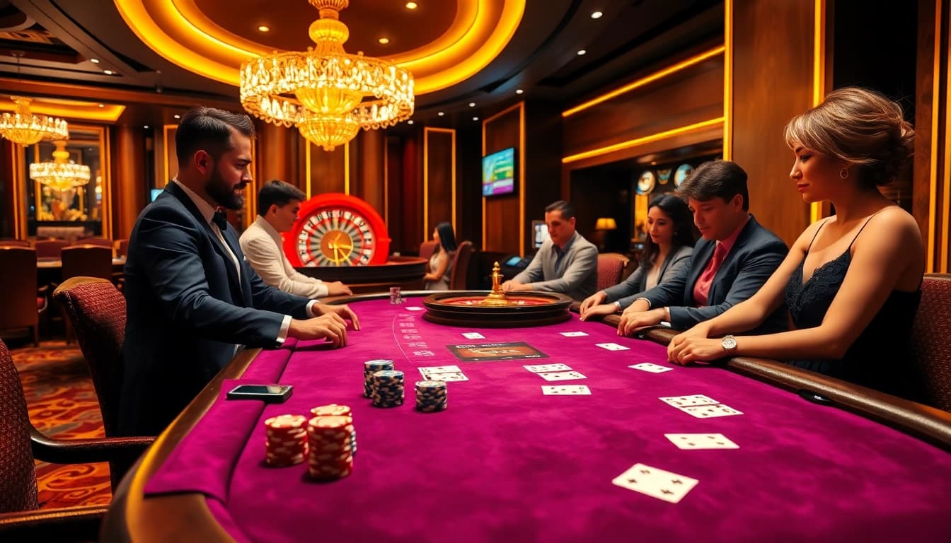 Pemain yang merencanakan strategi dalam pertandingan poker yang mendebarkan dengan chip dan kartu berwarna-warni dalam aksi.