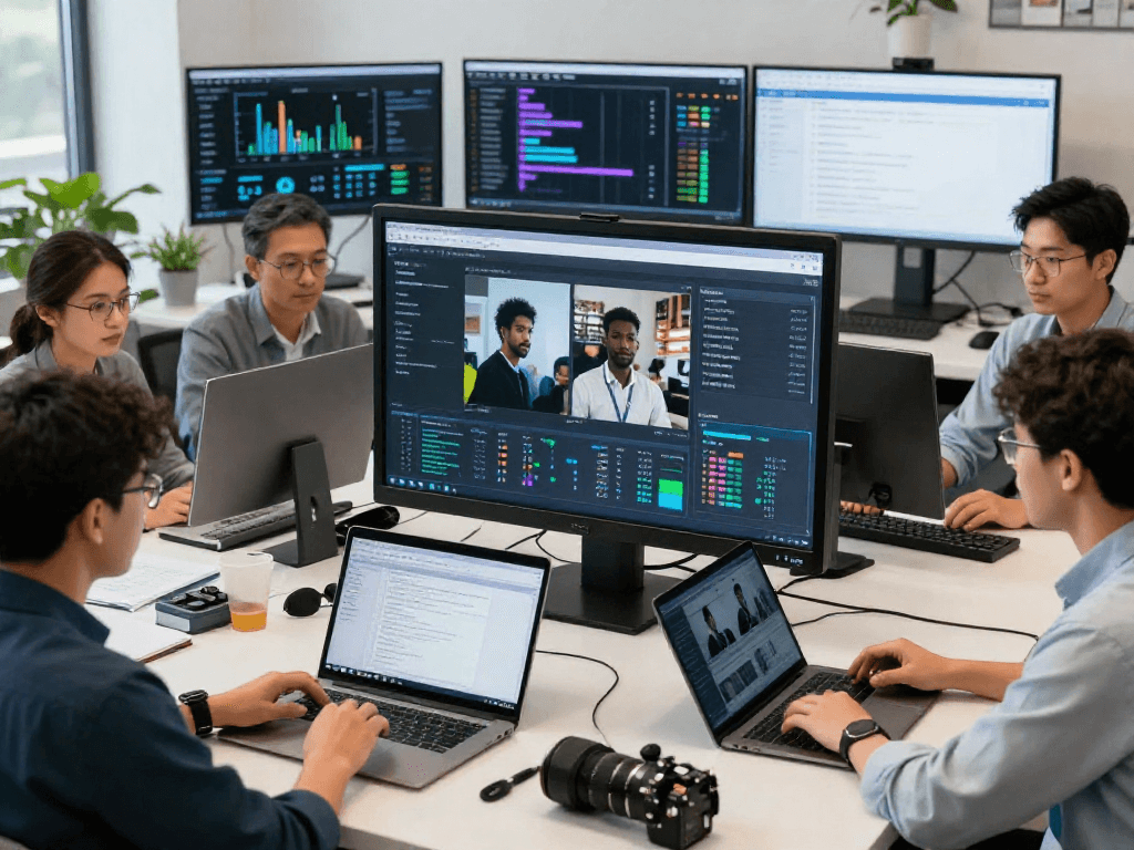Team analyzing flagged content with the ai image detector in a modern office.