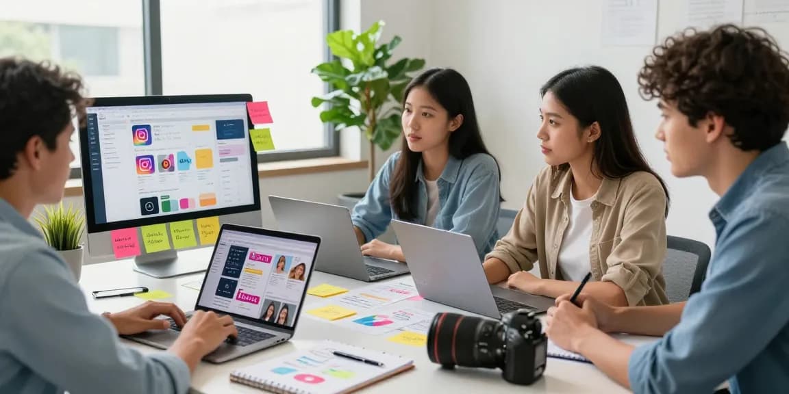 Buy Instagram reel likes through engaging social media marketing teamwork in a vibrant office.