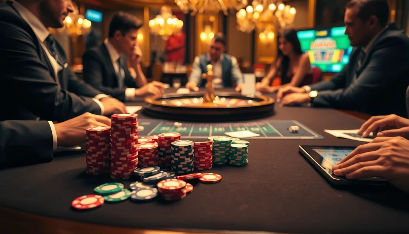 Engaging poker table scene at https://lc88.jpn.com/ with vibrant chips and elegant atmosphere.