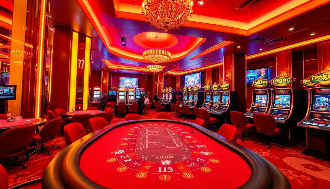 Excited players strategize their bets at a luxurious 79king poker table, surrounded by colorful casino elements.