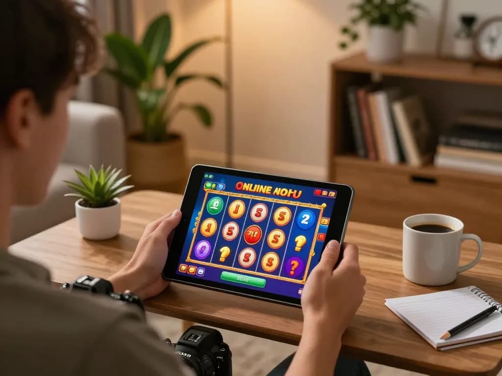 Engaged player using a tablet for nohu online slots in a cozy living room atmosphere.