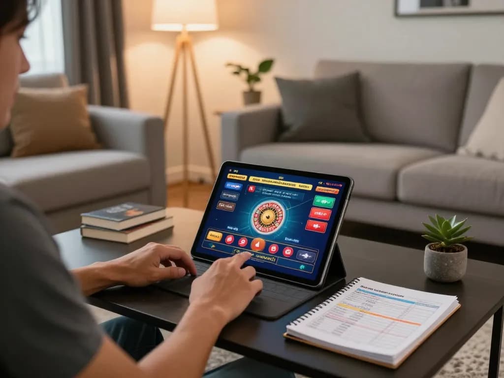 Engaging moment at home playing online casinos Canada with tablet featuring roulette game.