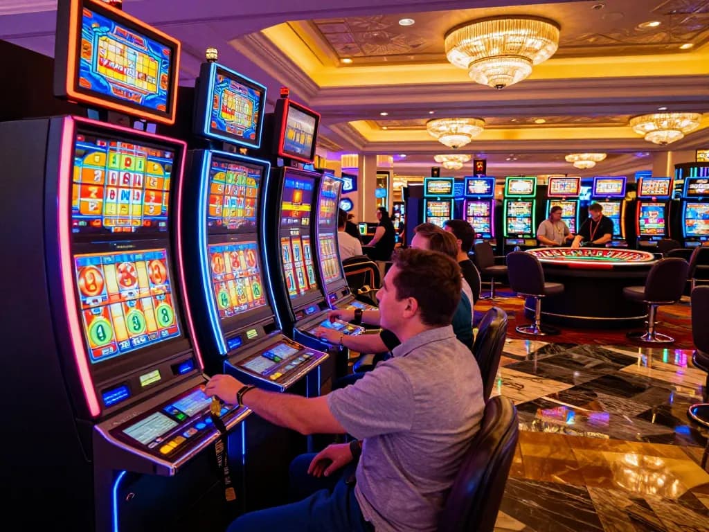 Excited players engaging with MB88 themed slot machines in a vibrant Las Vegas casino