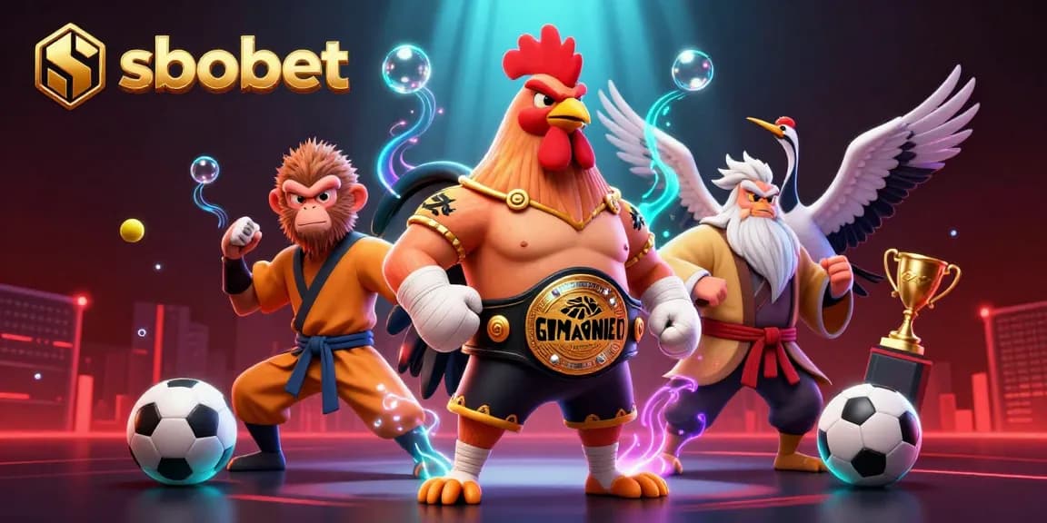 SBOBET sports betting scene featuring a Muay Thai rooster, martial artist monkey, and wise crane master amid vibrant game elements.
