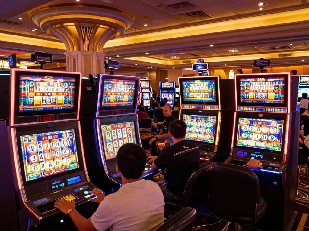 Players spinning link slot machines in a vibrant casino atmosphere, highlighting excitement and engagement