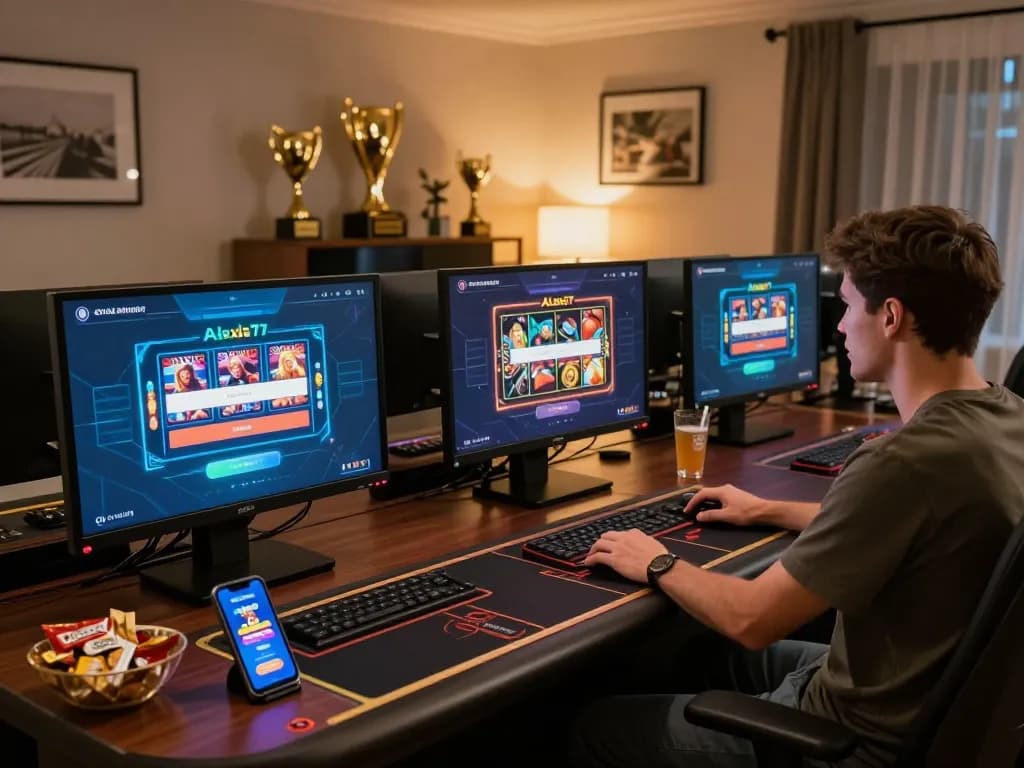 Player engaging in online gaming with alexis77 login displayed on multiple screens, showcasing a strategic setup.