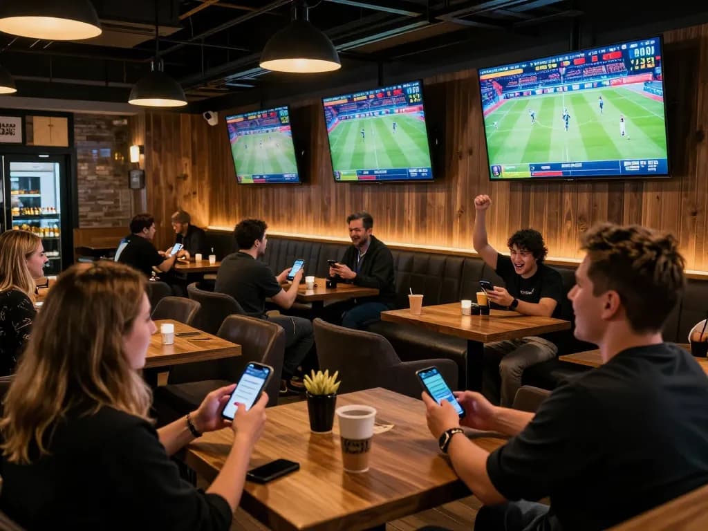 Engaged patrons at nhà cái 8xbet enjoying live sports betting in a vibrant sports bar atmosphere