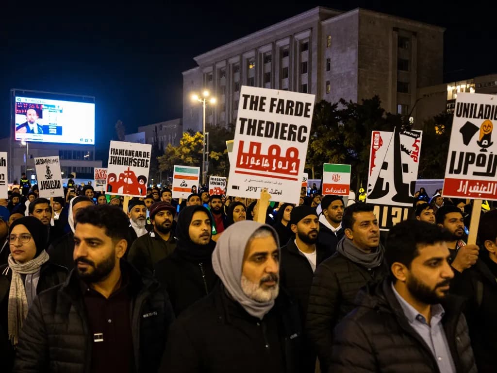 Protesters advocating for regime change Iran in a vibrant urban setting, with signs and banners promoting democracy.