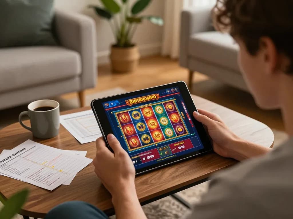 Pemain Bintangmpo menikmati slot online di tablet di ruang tamu yang nyaman, mempromosikan permainan yang bertanggung jawab.
