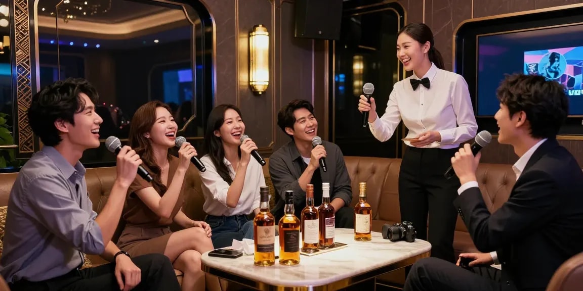 강남 가라오케에서 친구들과 함께 즐거운 시간을 보내는 모습, 고급스러운 인테리어와 조명.