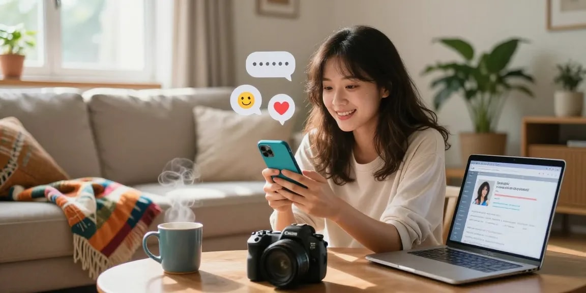 Young woman interacting with her girlfriend AI app in a cozy living room, showcasing digital connection.