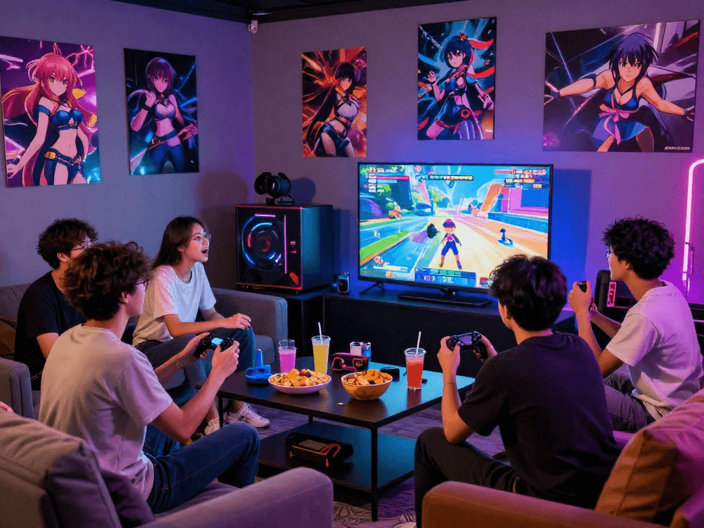 Exciting gaming lounge filled with friends enjoying a hentai game, vibrant snacks, and neon lighting.