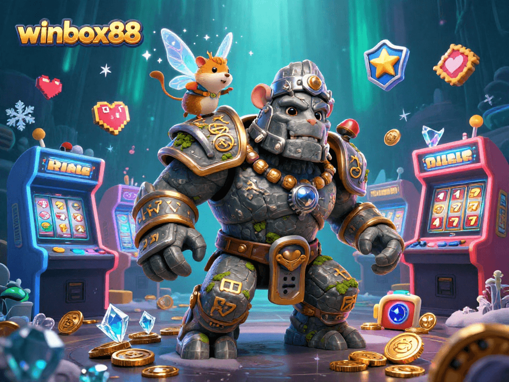 Experience the thrill of winbox88 with a magical scene featuring a golem guardian, a fairy, and a hamster knight amid vibrant slots.