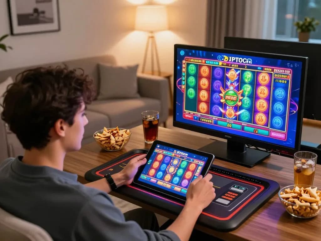 Engaging in JPTOTO slot games on a tablet in a cozy home environment for responsible gaming