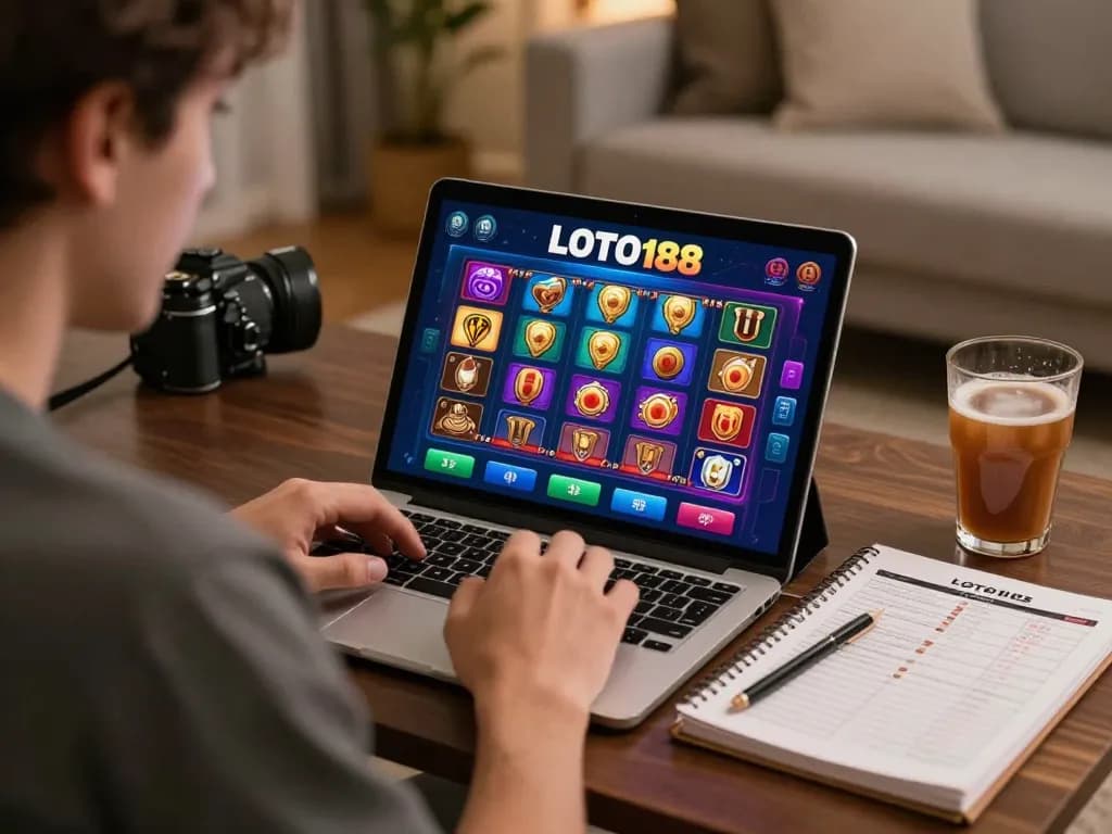 Player engaging with LOTO188 on tablet, showcasing online casino strategy in a cozy setting.