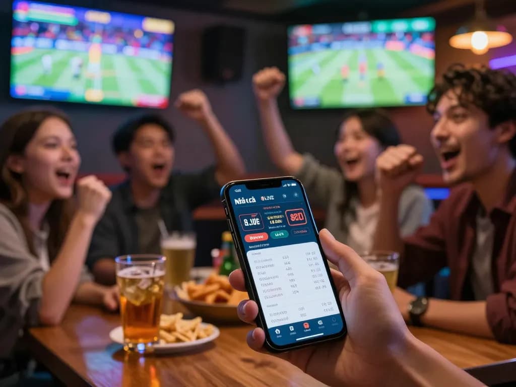 Friends cheering as they engage with Nhà cái 8LIVE sports betting app during an exciting game.
