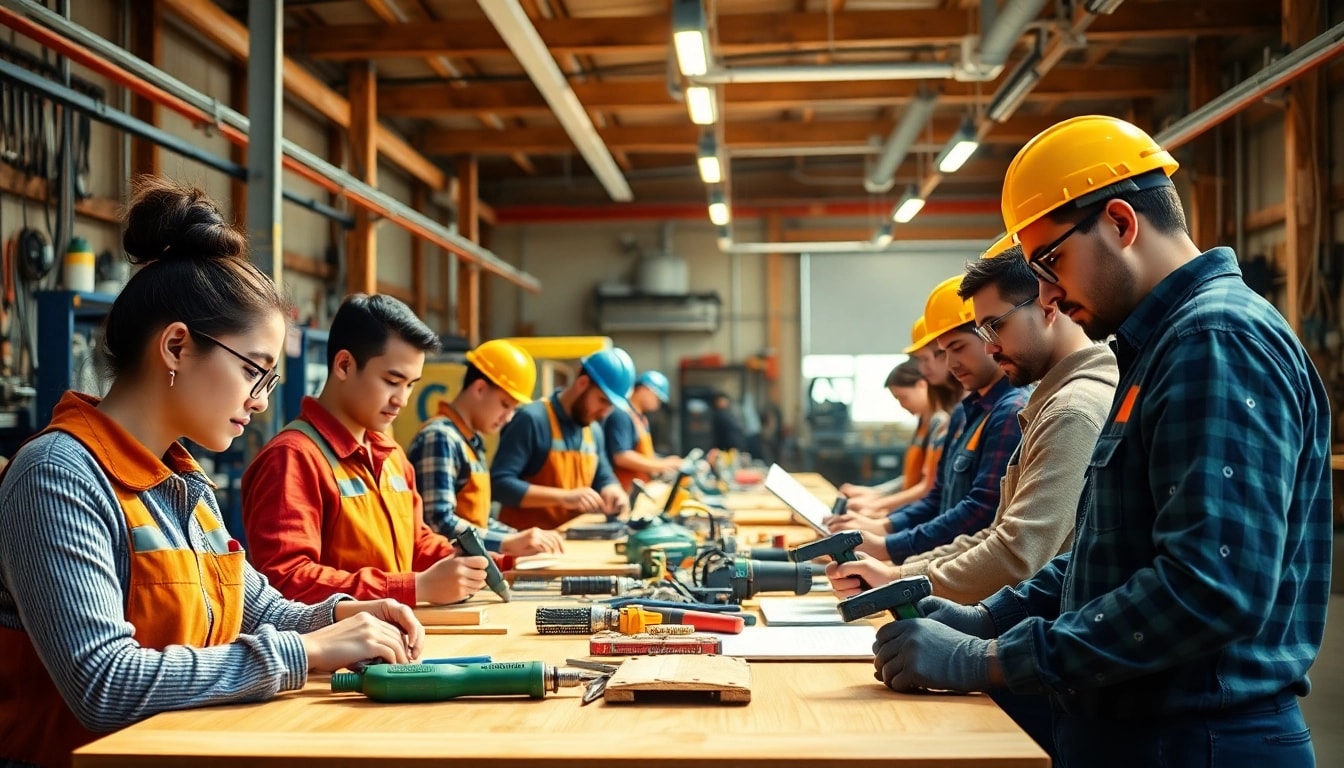 Students learning hands-on skills at a trade school, engaging with modern tools and equipment.