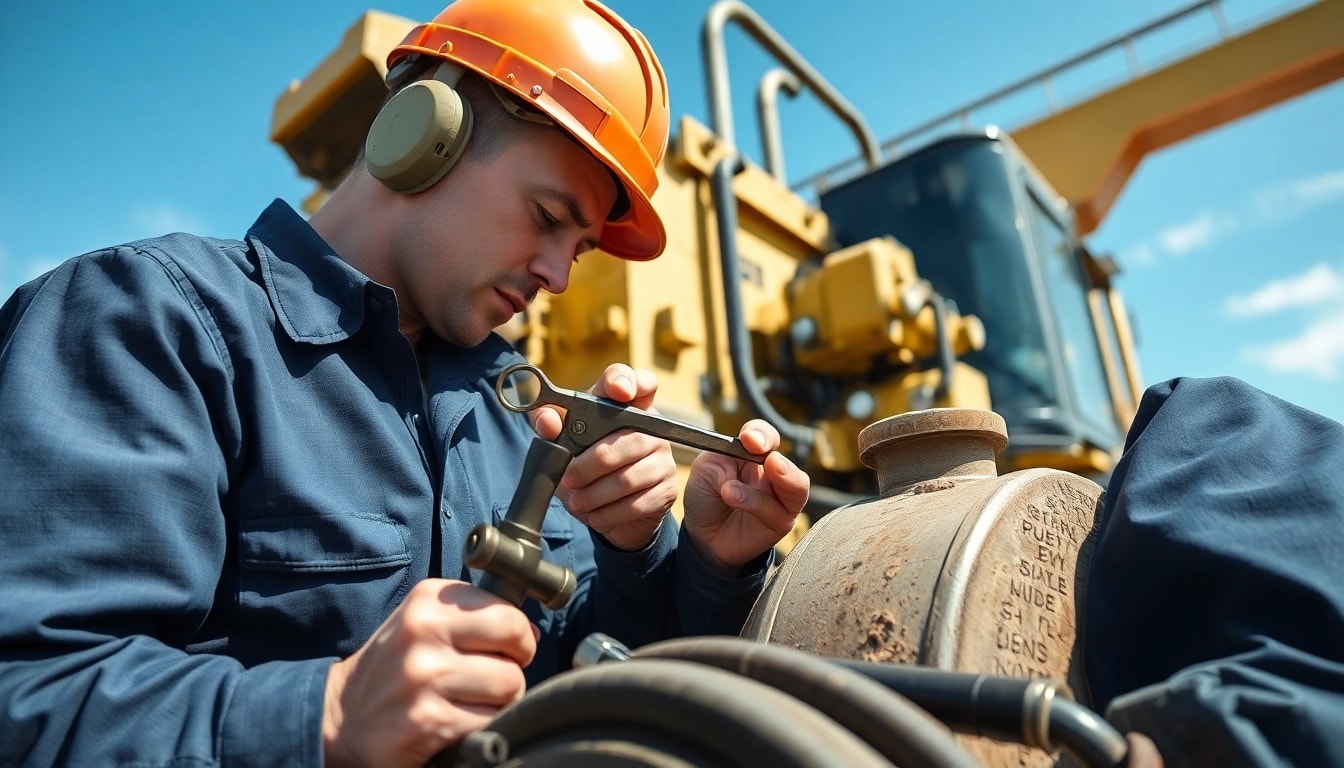 Technician conducting on-site hydraulic repair on industrial machinery with specialized tools.