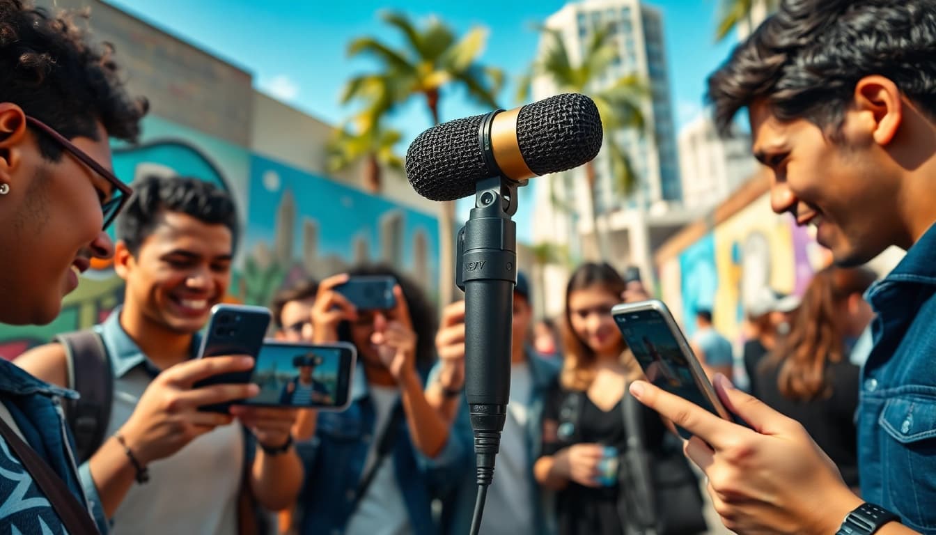 MV88 microphone used by creators in a vibrant urban setting.