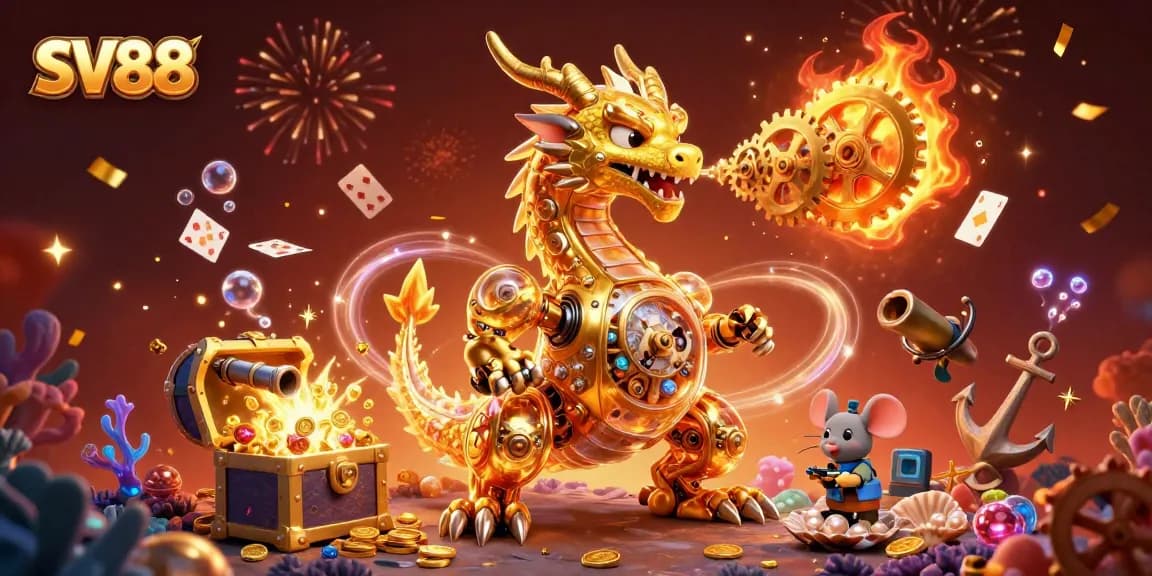 Engage with the thrilling SV88 gaming experience featuring a majestic golden dragon and exciting treasure.