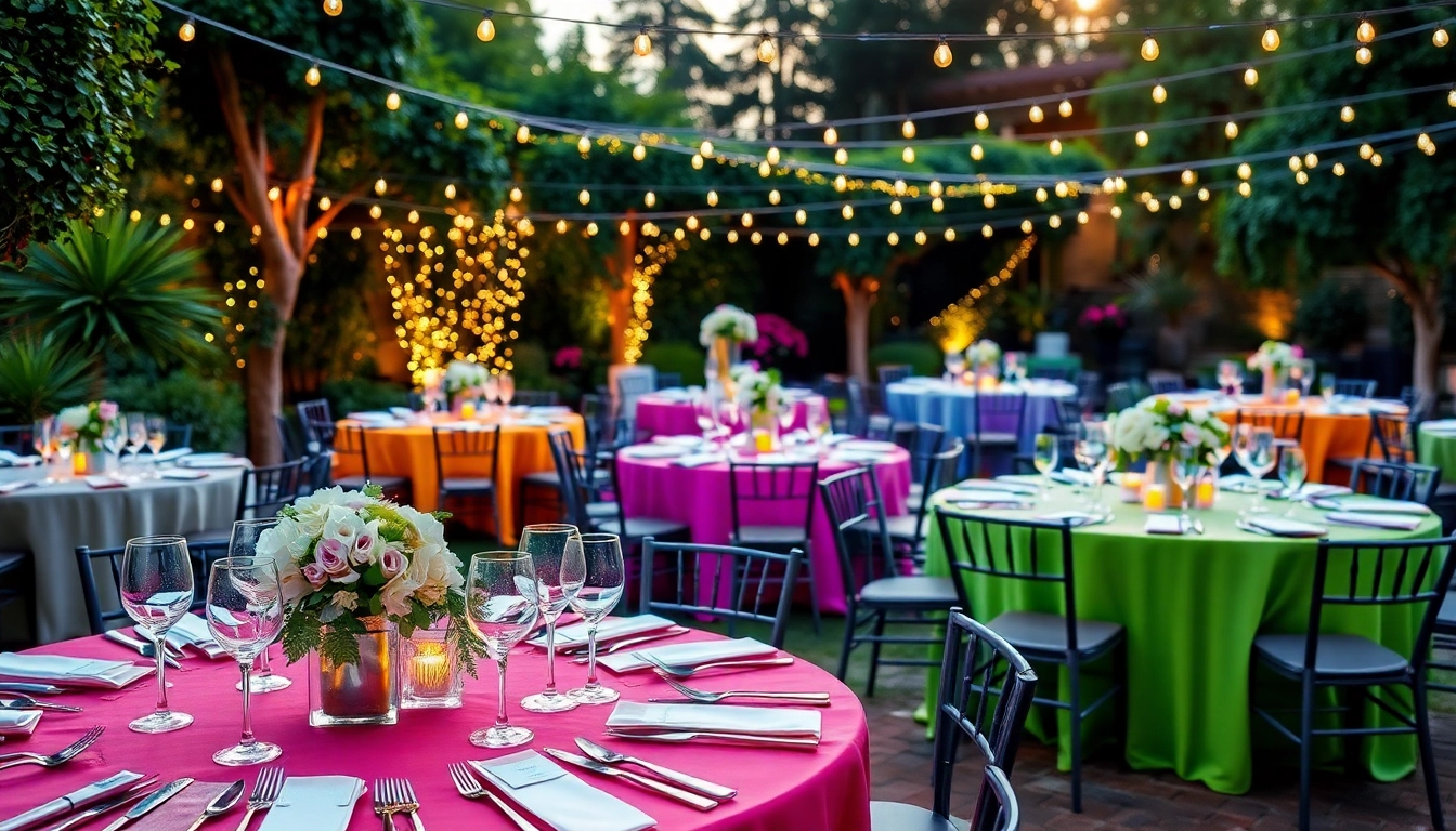 Guests enjoying a beautifully decorated outdoor party showcasing Party Rentals in vibrant colors.