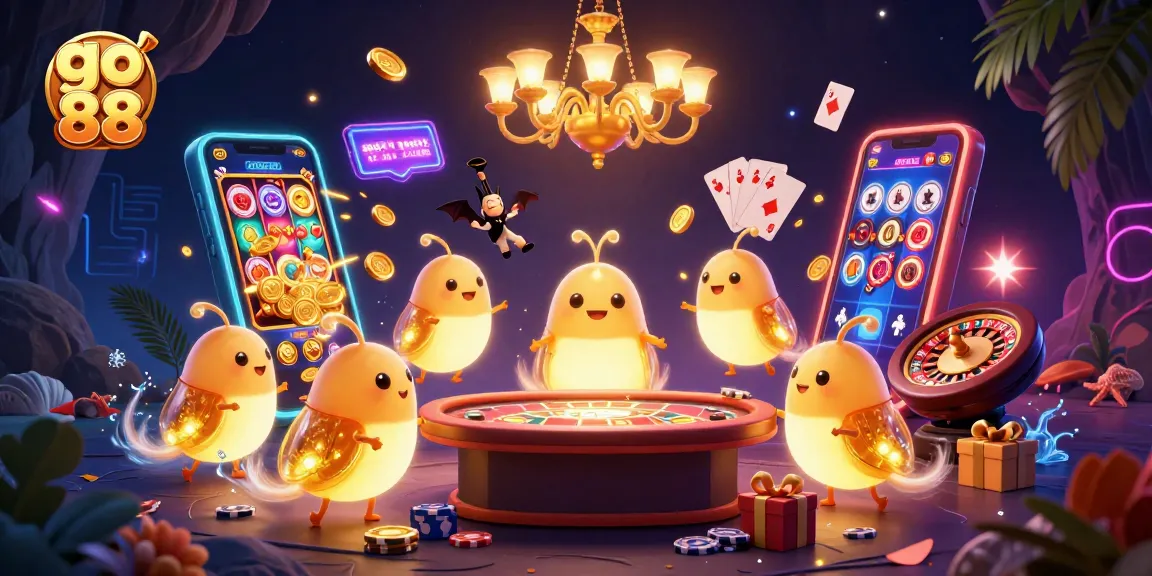 Experience vibrant gaming action with go 88 in a lively casino scene featuring bioluminescent glowworms and engaging game elements.