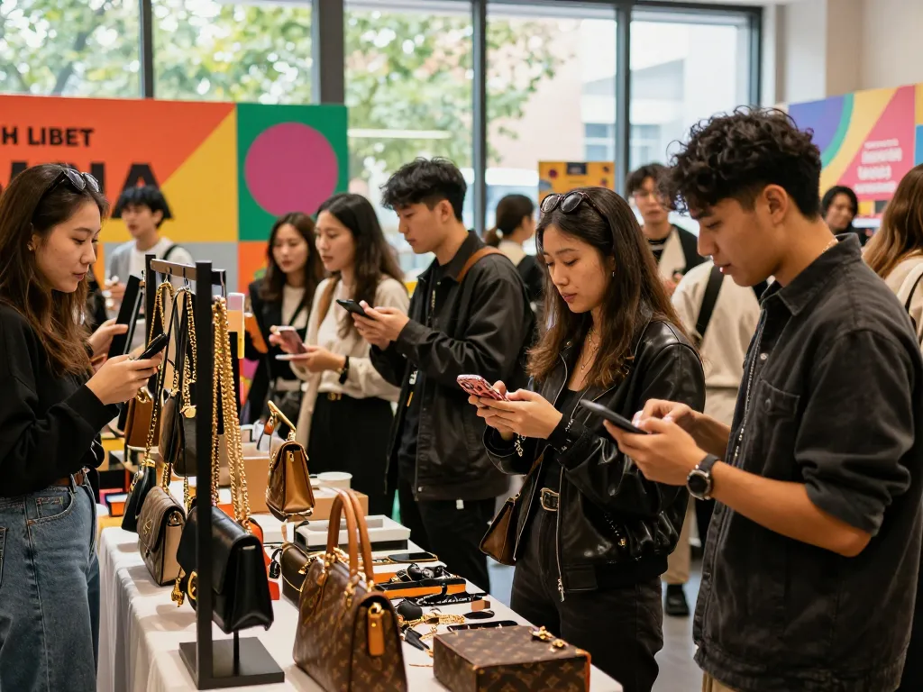 Shopping for luxury items at a 레플리카 쇼핑몰 in a vibrant marketplace