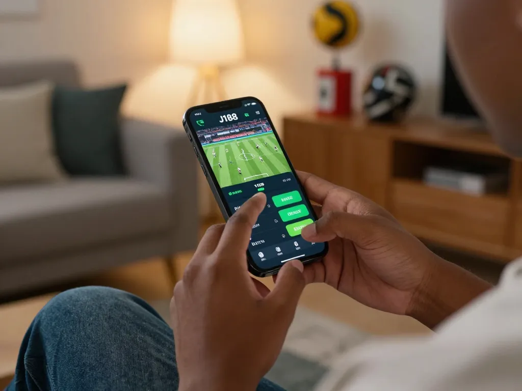 Engaging moment of a user placing bets on the J188 app during a thrilling sports match, showcasing mobile gaming excitement.