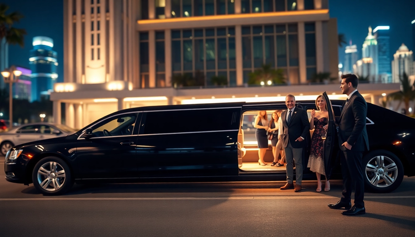 Luxury LA Limo service featuring a professional chauffeur and elegant passengers in Los Angeles' vibrant nightlife.
