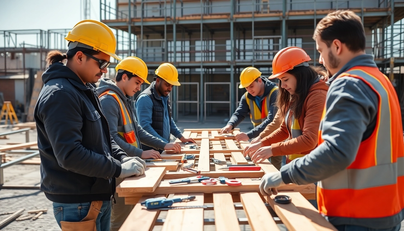 Engaged trainees in construction workforce training with hands-on activities outdoors.