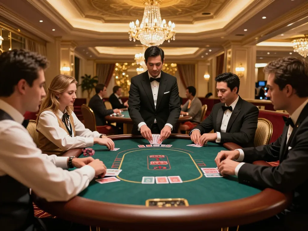 Intense game at a W 88 poker table, showcasing players in formal attire during a high-stakes round.